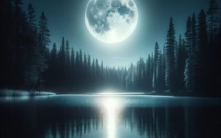 A full moon reflects on calm lake water, offering a serene place to reflect as a self-care ritual.