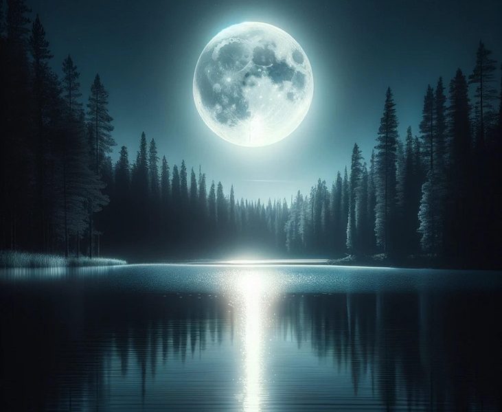 A full moon reflects on calm lake water, offering a serene place to reflect as a self-care ritual.