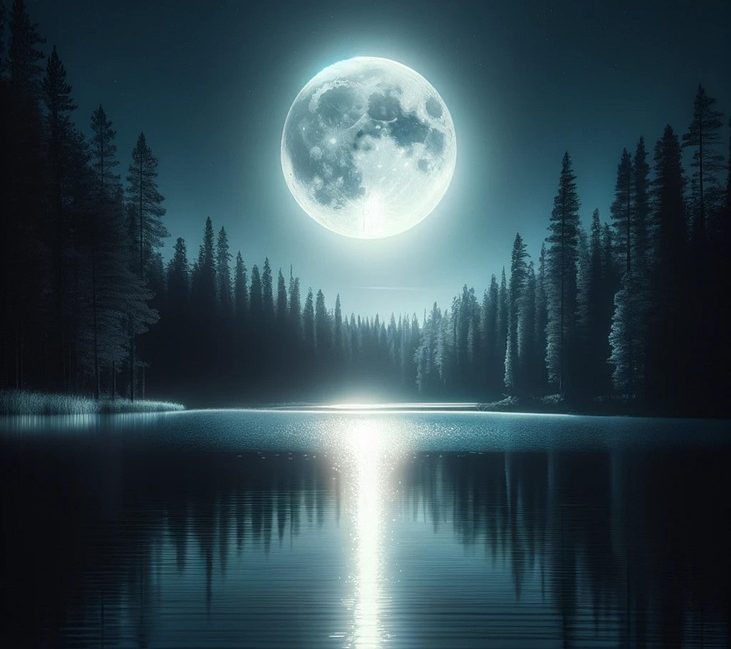 A full moon reflects on calm lake water, offering a serene place to reflect as a self-care ritual.